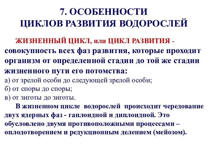 7. ОСОБЕННОСТИ ЦИКЛОВ РАЗВИТИЯ ВОДОРОСЛЕЙ ЖИЗНЕННЫЙ ЦИКЛ, или ЦИКЛ РАЗВИТИЯ