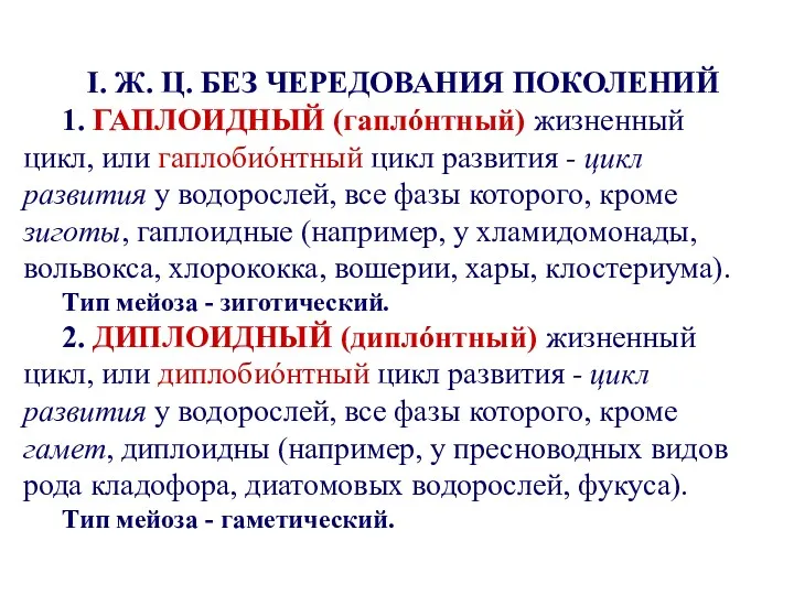 I. Ж. Ц. БЕЗ ЧЕРЕДОВАНИЯ ПОКОЛЕНИЙ 1. ГАПЛОИДНЫЙ (гаплóнтный) жизненный