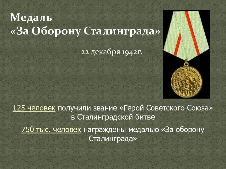 22 декабря 1942г. Медаль «За Оборону Сталинграда» 125 человек получили звание «Герой Советского