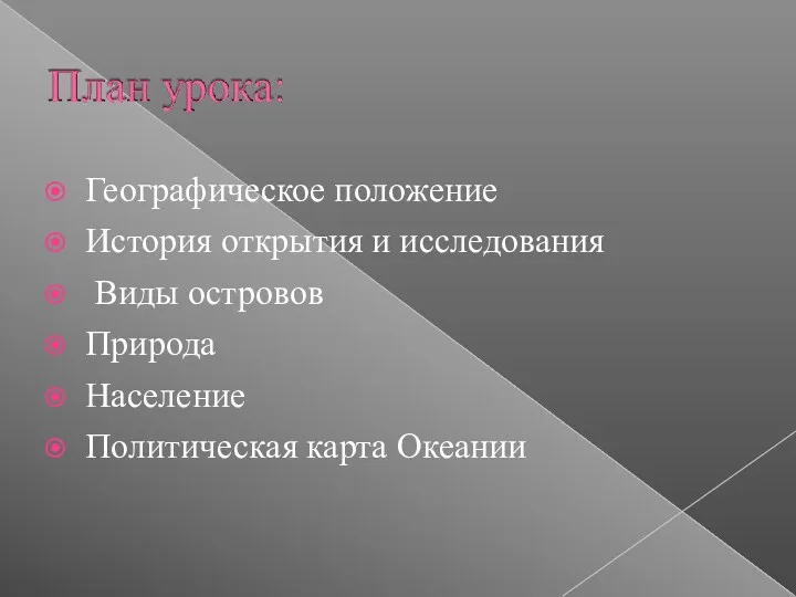 Географическое положение История открытия и исследования Виды островов Природа Население Политическая карта Океании