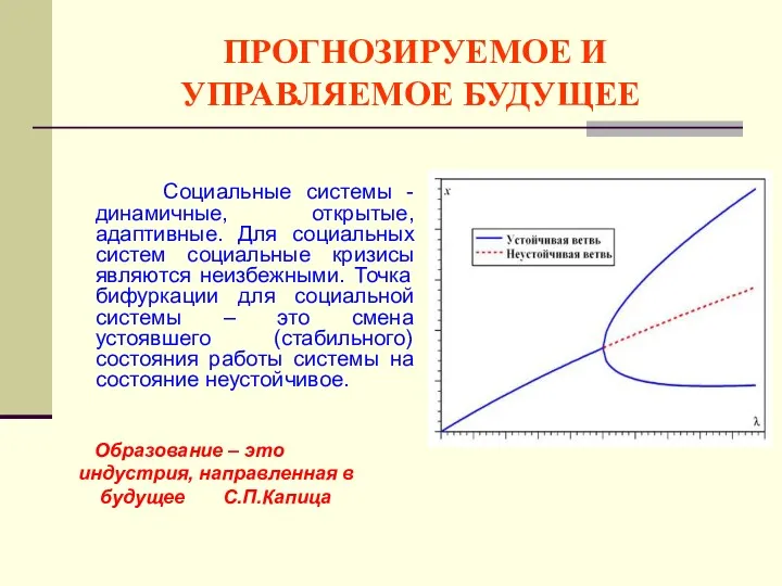 ПРОГНОЗИРУЕМОЕ И УПРАВЛЯЕМОЕ БУДУЩЕЕ Социальные системы - динамичные, открытые, адаптивные.