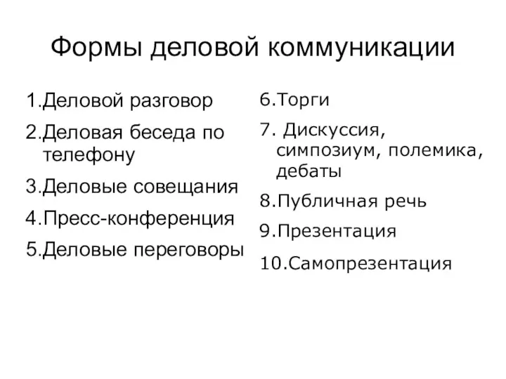 Формы деловой коммуникации 1.Деловой разговор 2.Деловая беседа по телефону 3.Деловые