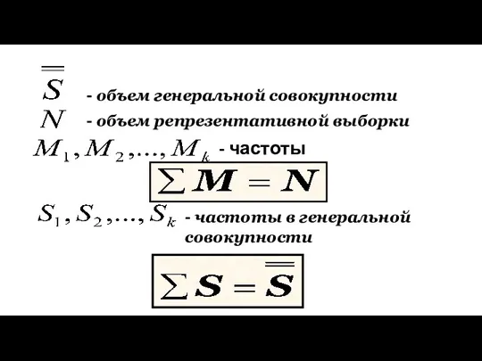 - объем генеральной совокупности - объем репрезентативной выборки - частоты - частоты в генеральной совокупности