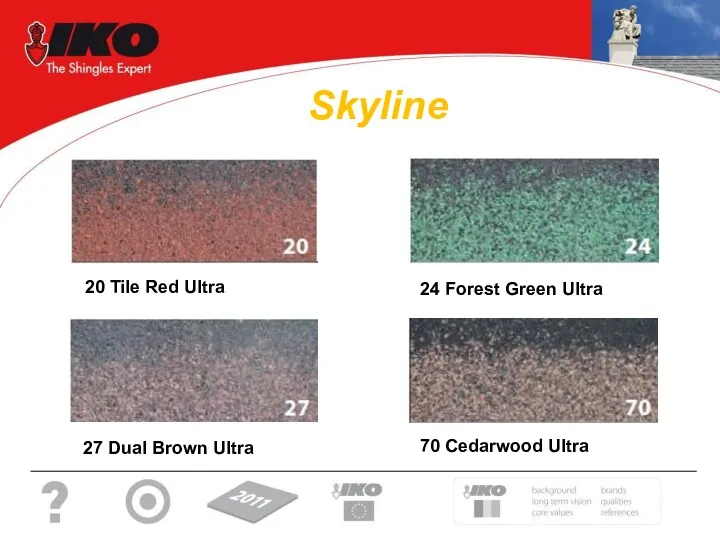 Skyline 20 Tile Red Ultra 24 Forest Green Ultra 27 Dual Brown Ultra 70 Cedarwood Ultra