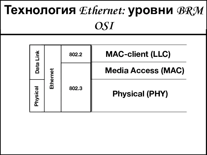 Технология Ethernet: уровни BRM OSI Data Link Physical Ethernet 802.2