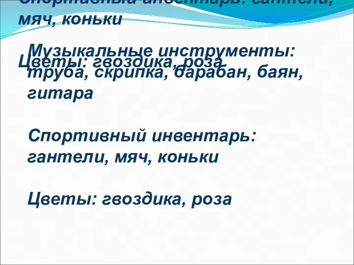 Музыкальные инструменты:труба, скрипка, барабан, баян, гитара Спортивный инвентарь: гантели, мяч,