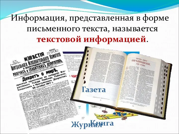 Информация, представленная в форме письменного текста, называется текстовой информацией. Книга Газета Журнал