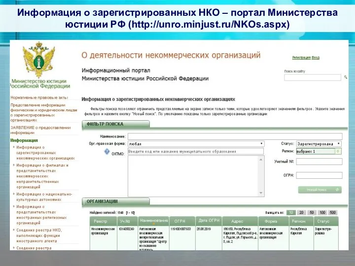 Информация о зарегистрированных НКО – портал Министерства юстиции РФ (http://unro.minjust.ru/NKOs.aspx)