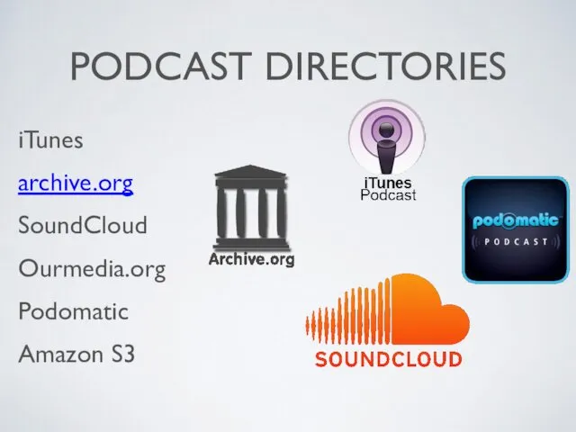 PODCAST DIRECTORIES iTunes archive.org SoundCloud Ourmedia.org Podomatic Amazon S3