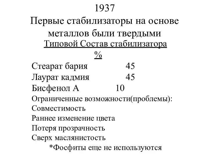 1937 Первые стабилизаторы на основе металлов были твердыми Типовой Состав стабилизатора % Стеарат