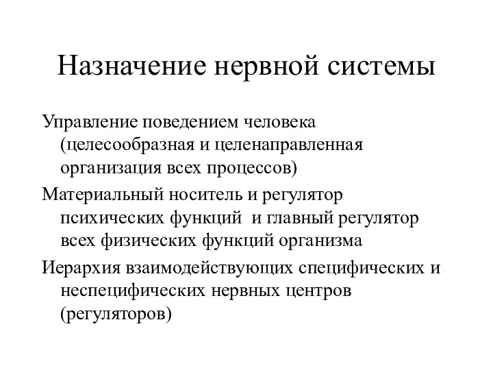 Назначение нервной системы Управление поведением человека (целесообразная и целенаправленная организация всех процессов) Материальный