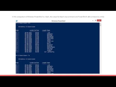 In this comparison of Windows PowerShell vs. Bash, the output