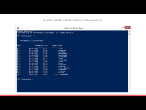 PowerShell output for a directory list shows objects and properties.