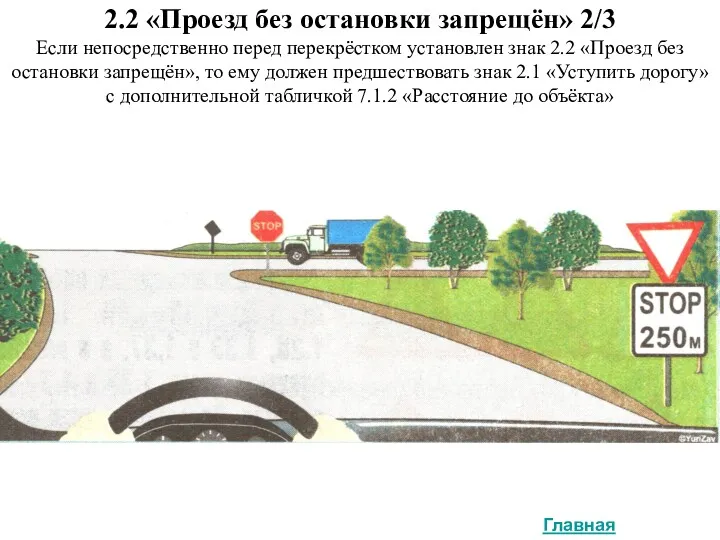 2.2 «Проезд без остановки запрещён» 2/3 Если непосредственно перед перекрёстком установлен знак 2.2