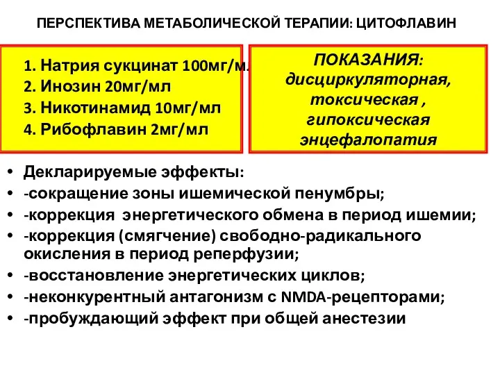 ПЕРСПЕКТИВА МЕТАБОЛИЧЕСКОЙ ТЕРАПИИ: ЦИТОФЛАВИН 1. Натрия сукцинат 100мг/мл 2. Инозин