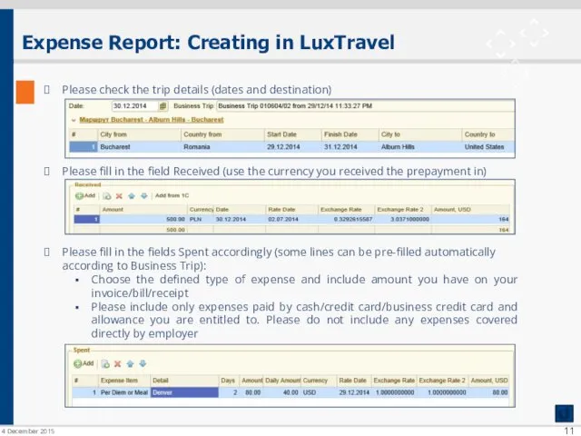 Expense Report: Creating in LuxTravel 4 December 2015 Please check the trip details