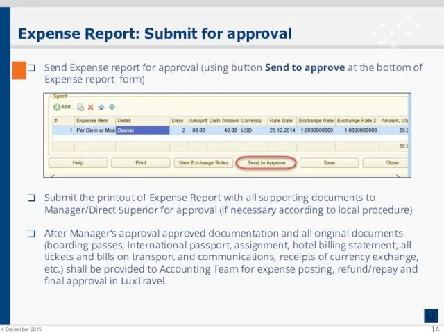 Expense Report: Submit for approval Send Expense report for approval (using button Send