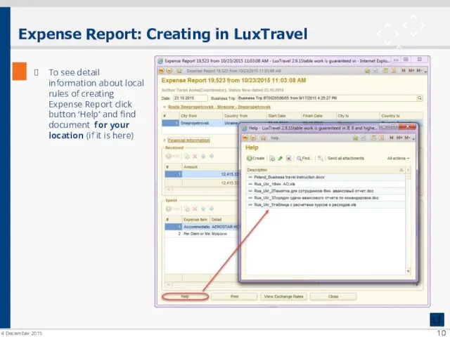 Expense Report: Creating in LuxTravel To see detail information about
