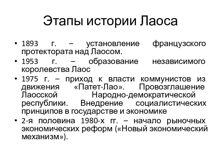 Этапы истории Лаоса 1893 г. – установление французского протектората над