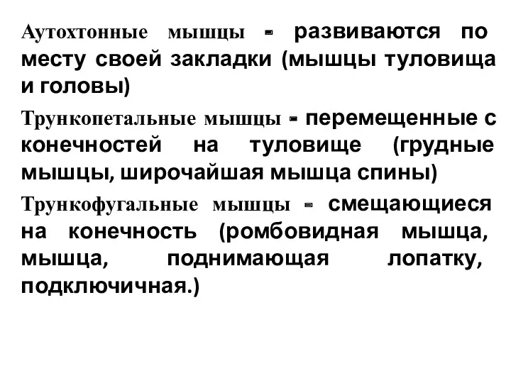 Аутохтонные мышцы - развиваются по месту своей закладки (мышцы туловища и головы) Трункопетальные