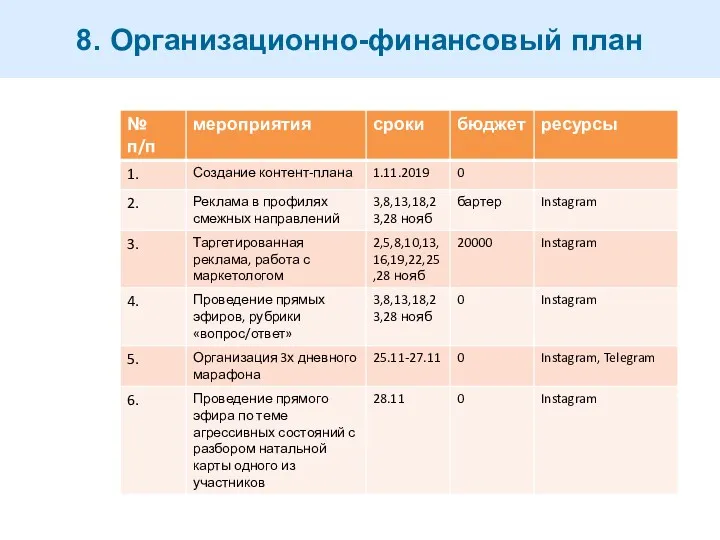 8. Организационно-финансовый план