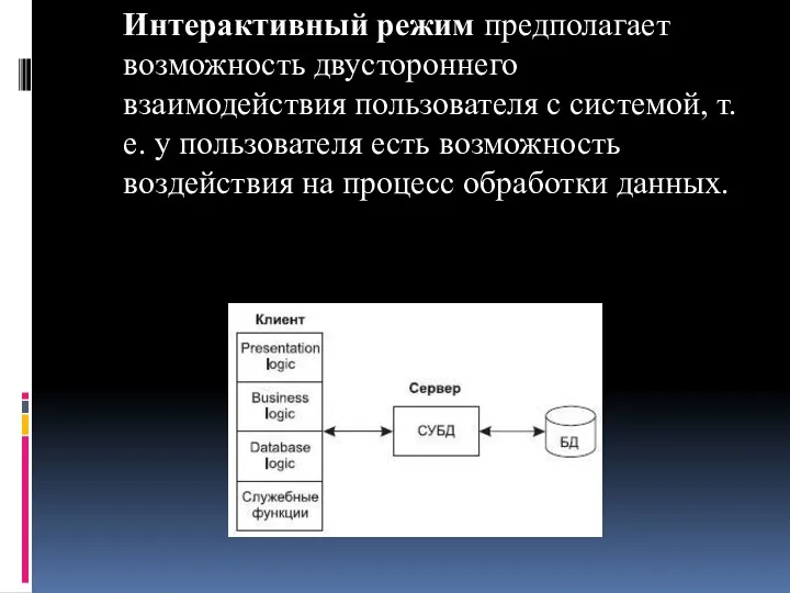 Интерактивный режим предполагает возможность двустороннего взаимодействия пользователя с системой, т.е.