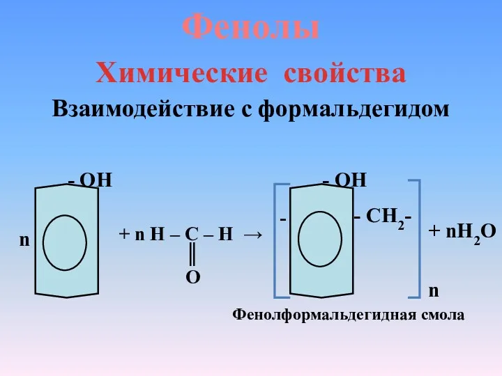 Фенолы Химические свойства Взаимодействие с формальдегидом n - ОН +