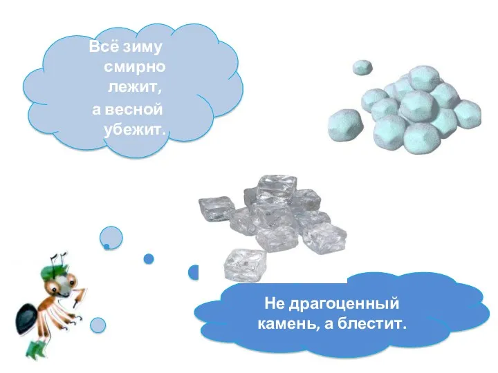 Всё зиму смирно лежит, а весной убежит. Не драгоценный камень, а блестит.