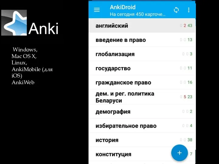 Windows, Mac OS X, Linux, AnkiMobile (для iOS) AnkiWeb