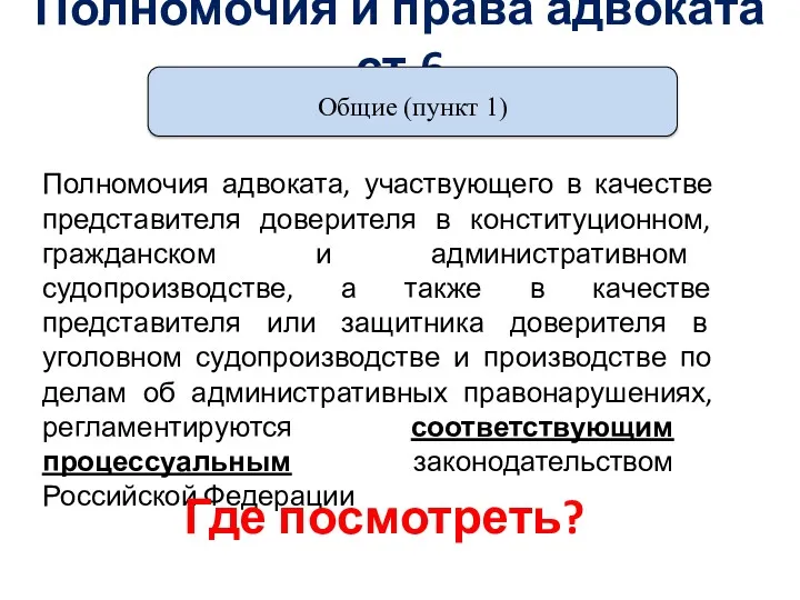 Полномочия и права адвоката ст.6 Полномочия адвоката, участвующего в качестве представителя доверителя в