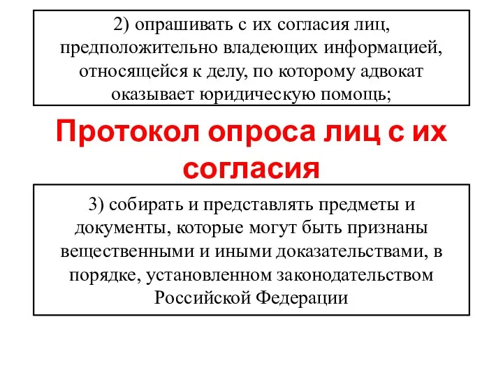 2) опрашивать с их согласия лиц, предположительно владеющих информацией, относящейся к делу, по