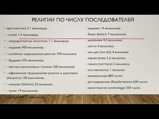 РЕЛИГИИ ПО ЧИСЛУ ПОСЛЕДОВАТЕЛЕЙ христианство: 2.1 миллиарда; - ислам: 1.3 миллиарда; - секулар/атеисты/