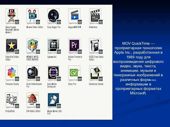 MOV QuickTime — проприетарная технология Apple Inc., разработанная в 1989