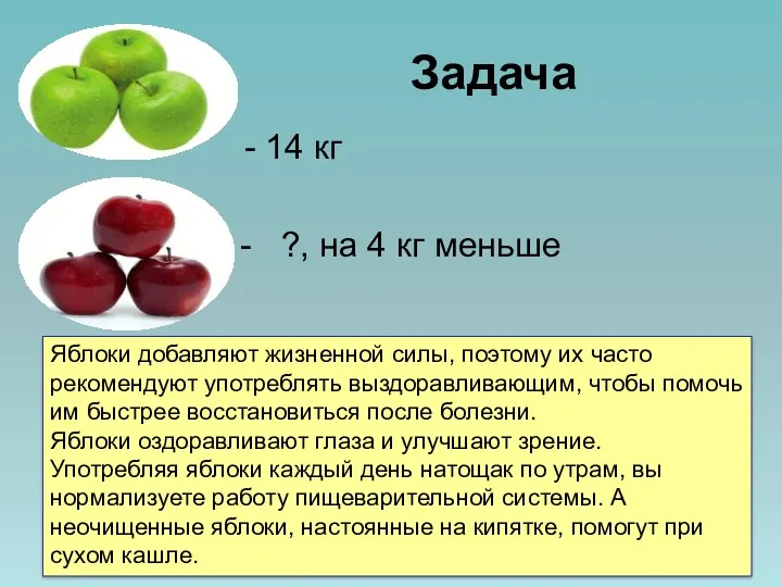 Задача - 14 кг - ?, на 4 кг меньше Яблоки добавляют жизненной
