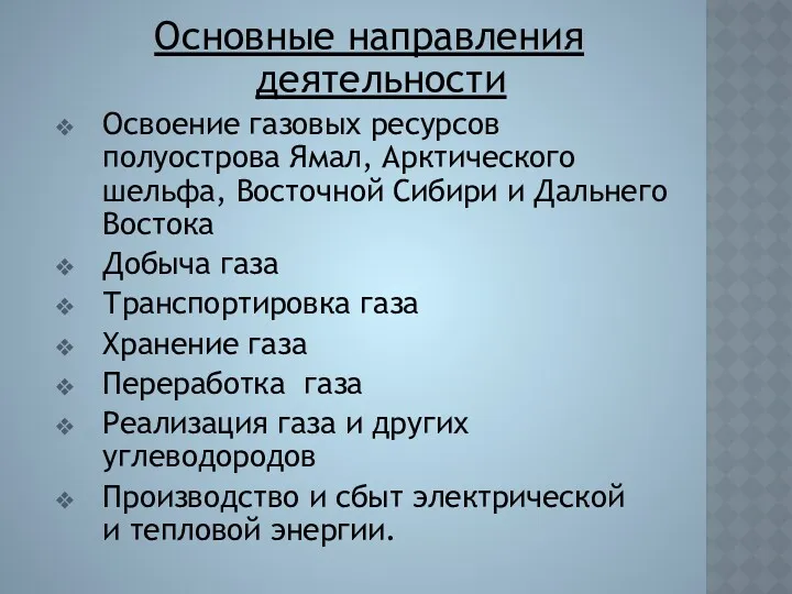 Основные направления деятельности Освоение газовых ресурсов полуострова Ямал, Арктического шельфа,