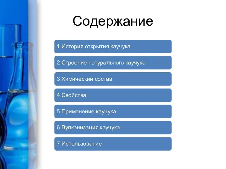 Содержание 1.История открытия каучука 2.Строение натурального каучука 3.Химический состав 4.Свойства 5.Применение каучука 6.Вулканизация каучука 7 Использование