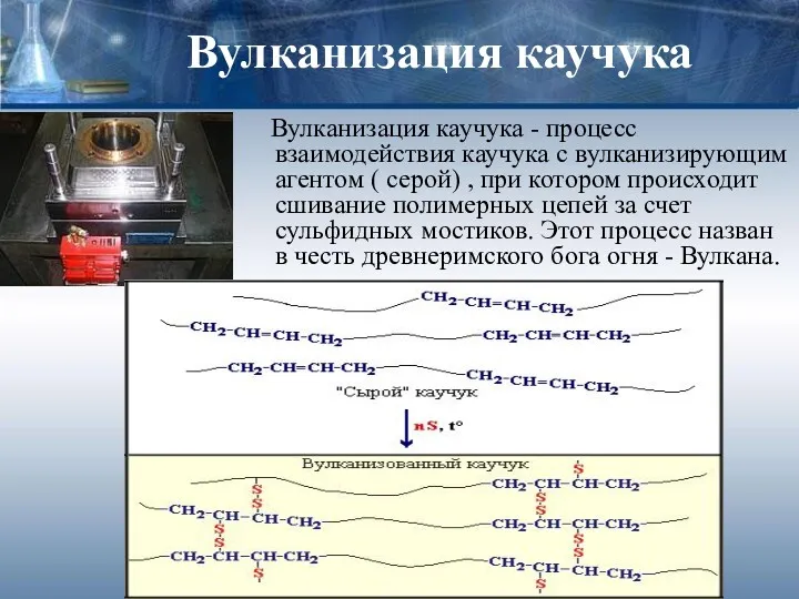 Вулканизация каучука Вулканизация каучука - процесс взаимодействия каучука с вулканизирующим