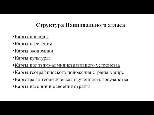 Структура Национального атласа Карты природы Карты населения Карты экономики Карты