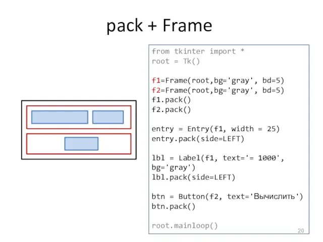 pack + Frame from tkinter import * root = Tk()