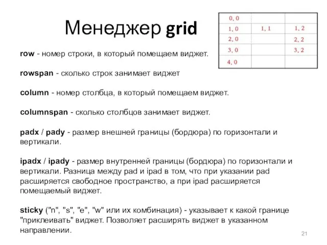 Менеджер grid row - номер строки, в который помещаем виджет.