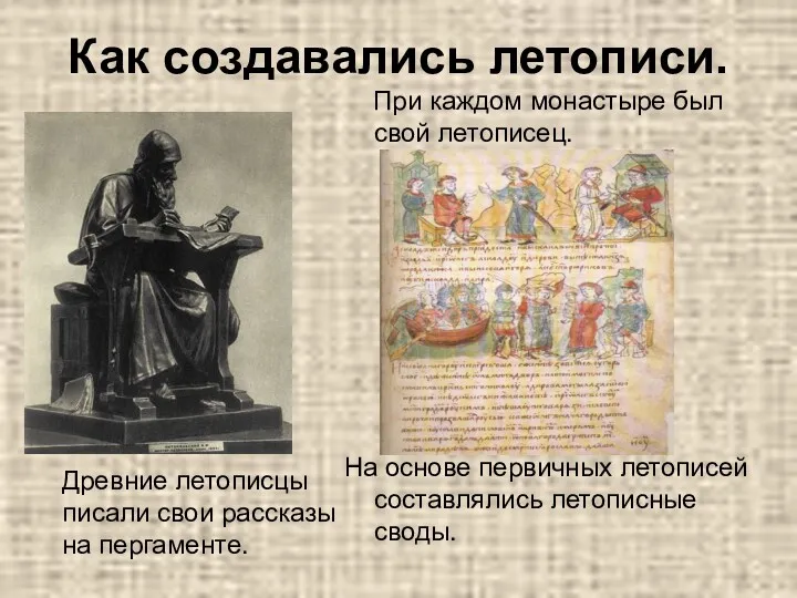 Как создавались летописи. Древние летописцы писали свои рассказы на пергаменте.