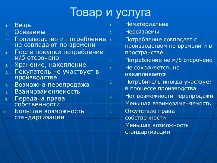 Товар и услуга Вещь Осязаемы Производство и потребление не совпадают