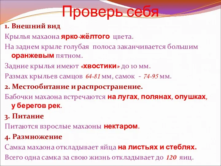 Проверь себя 1. Внешний вид Крылья махаона ярко-жёлтого цвета. На