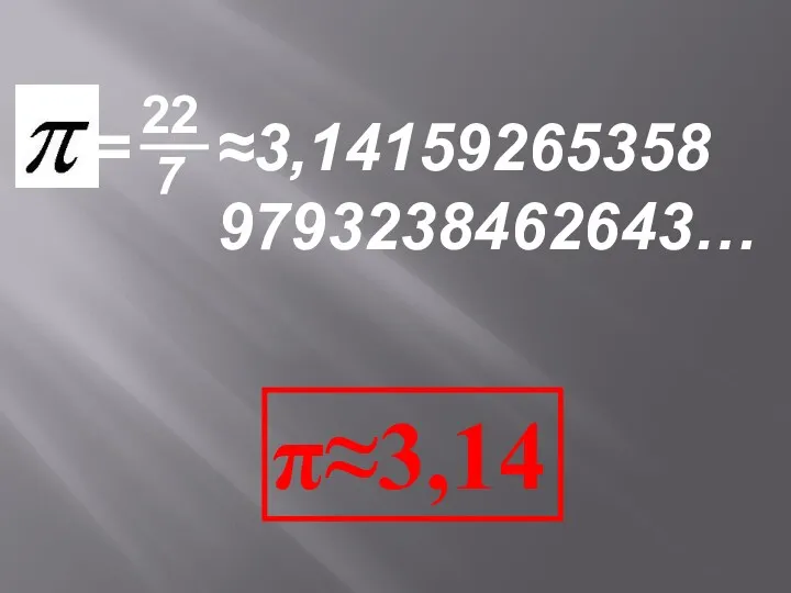 ≈3,14159265358 9793238462643… π≈3,14 = 22 7