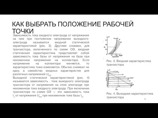 КАК ВЫБРАТЬ ПОЛОЖЕНИЕ РАБОЧЕЙ ТОЧКИ Рис. 3. Входная характе­ристика транзистора Рис. 4. Выходная