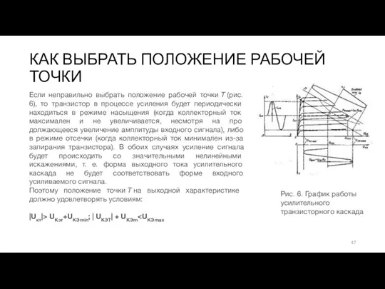 КАК ВЫБРАТЬ ПОЛОЖЕНИЕ РАБОЧЕЙ ТОЧКИ Рис. 6. График работы усилительного транзисторного каскада Если