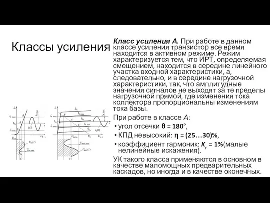 Классы усиления Класс усиления А. При работе в данном классе усиления транзистор все