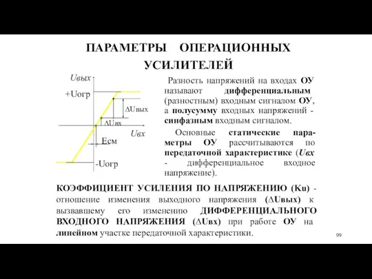 ПАРАМЕТРЫ ОПЕРАЦИОННЫХ УСИЛИТЕЛЕЙ Разность напряжений на входах ОУ называют дифференциальным (разностным) входным сигналом