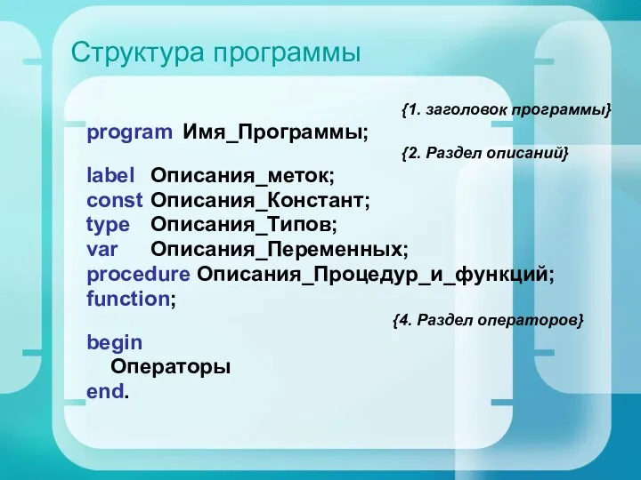 Структура программы {1. заголовок программы} program Имя_Программы; {2. Раздел описаний} label Описания_меток; const