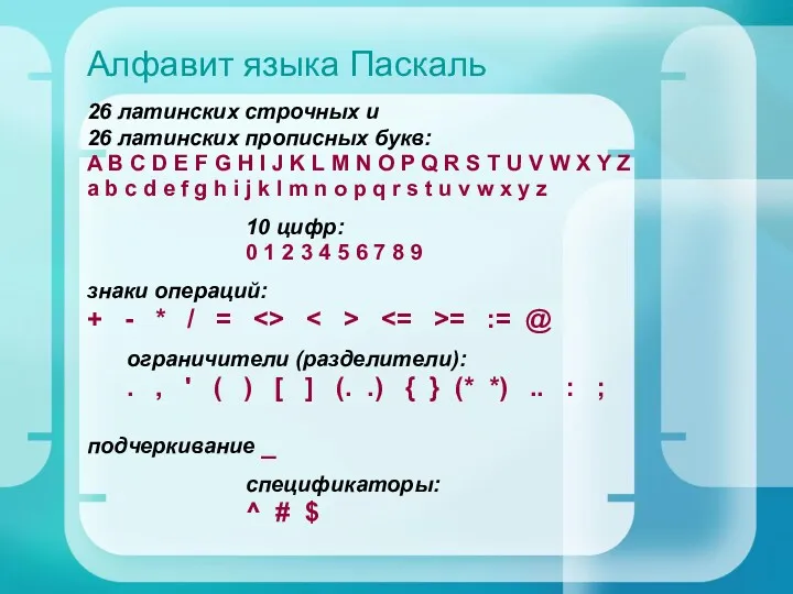 Алфавит языка Паскаль 26 латинских строчных и 26 латинских прописных букв: A B